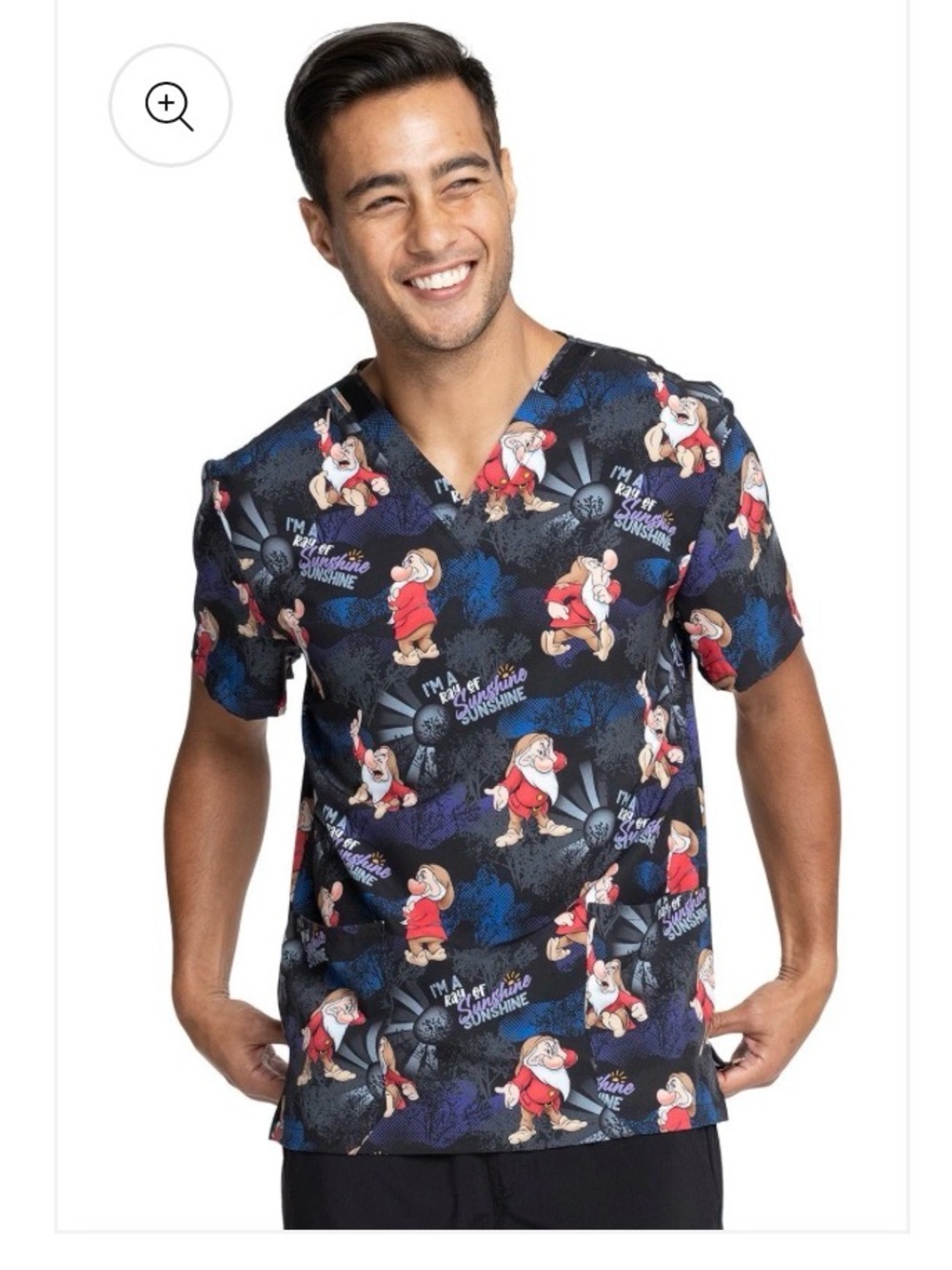 Disney Men's Black & Blue Grumpy Print Scrub Top